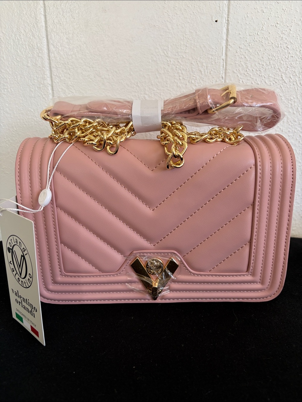 FashionValentino Orlandi Quilted Chevron Crossbody in Dusty Pink with Gold Chain
